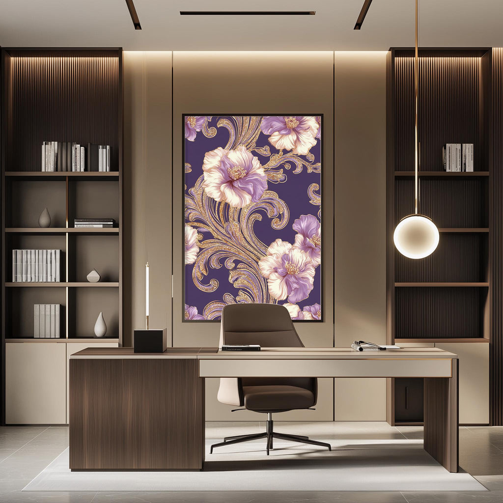 a modern and stylish office space with a large floral print on the wall behind a desk. The desk is positioned in front of the floral print, creating a visually appealing focal point in the room. The office also features built-in bookshelves and a pendant light, contributing to the overall contemporary design.