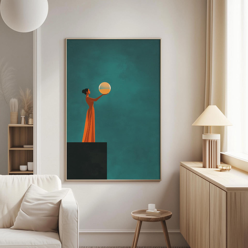 a living room with a large framed artwork depicting a woman in an orange dress holding a yellow ball, set against a teal background.