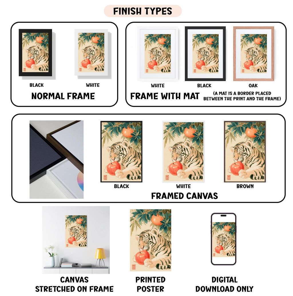 various types of framed artwork, including a tiger print, a framed canvas, and a digital poster, each with different finishes and mat colors.