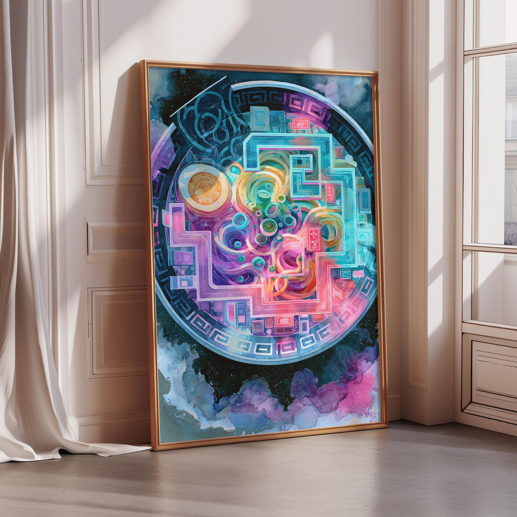 a vibrant, abstract painting with a circular design and a mix of colors, including shades of blue, pink, green, and yellow. The painting is displayed on a wall in a room with a window, creating a visually striking and artistic composition.