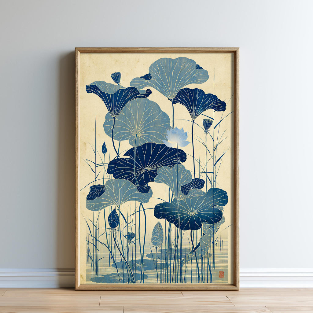 The image is a framed artwork depicting a serene scene of blue lotus flowers in a pond.