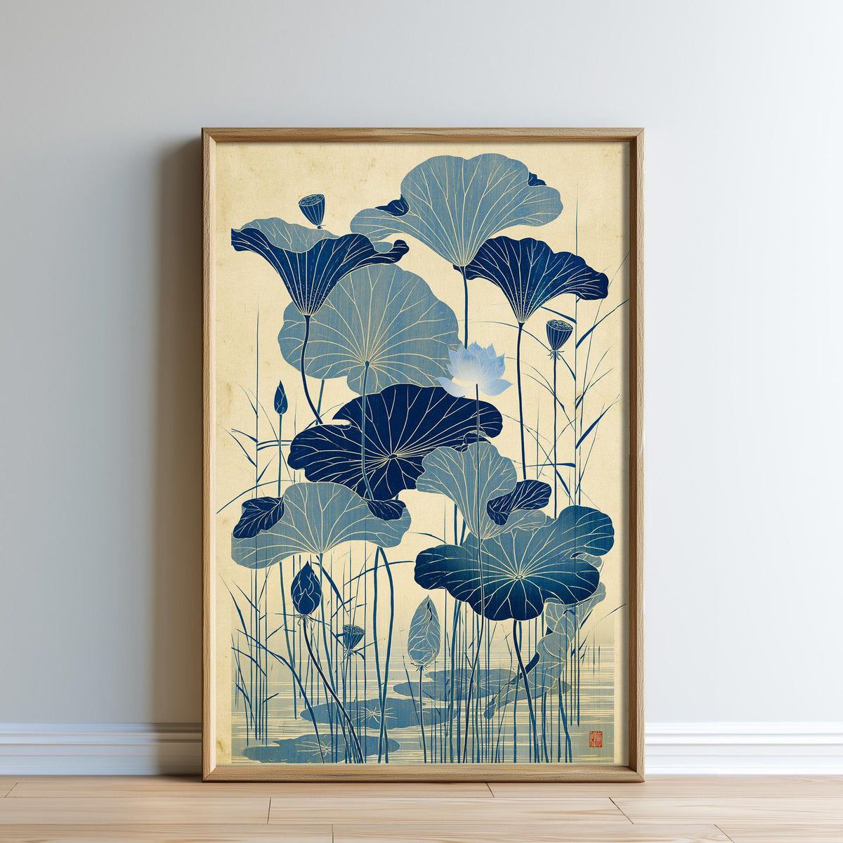 The image is a framed artwork depicting a serene scene of blue lotus flowers in a pond.