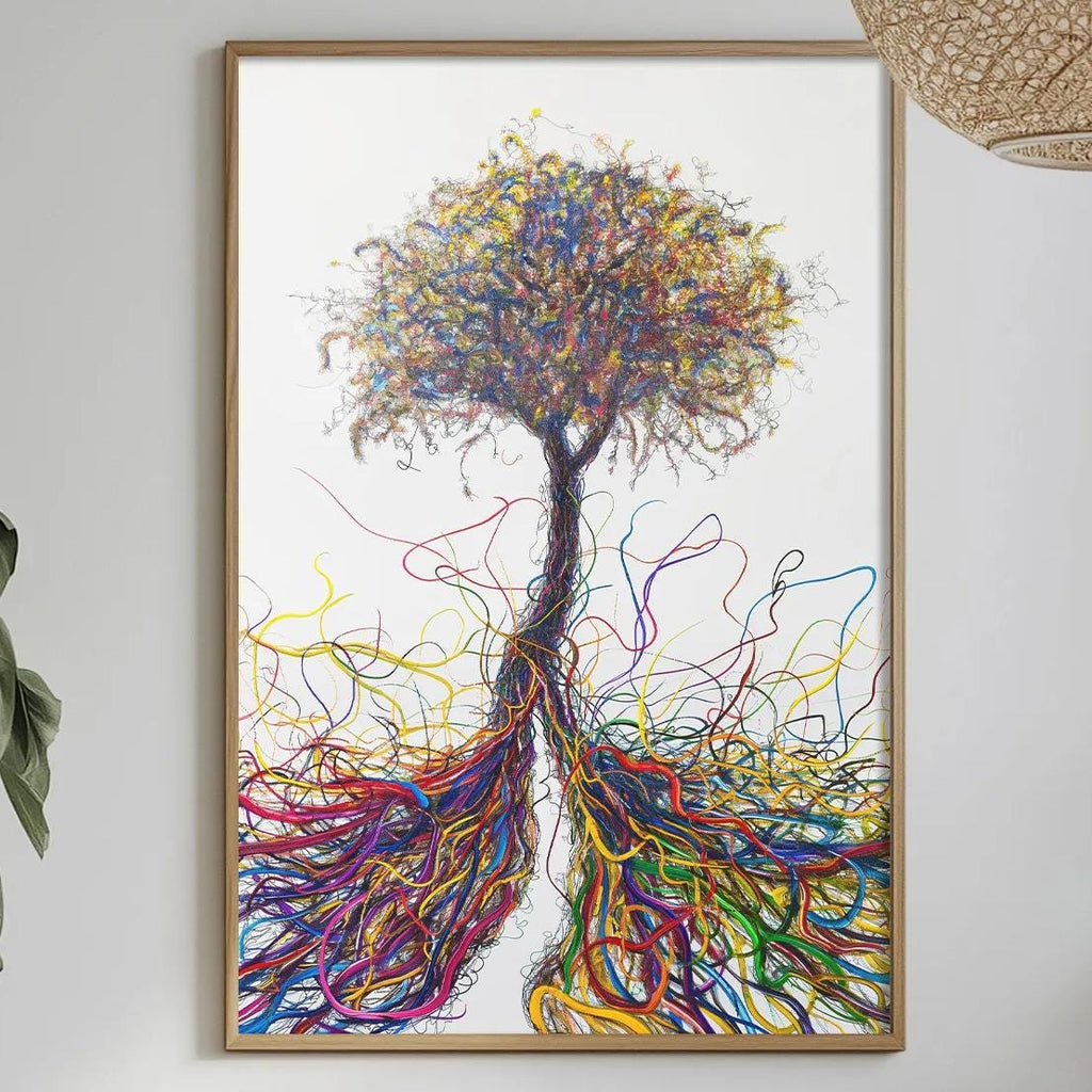 a dining table with a white tablecloth, a bowl of fruit, a bottle, and a vase with flowers. Above the table, there is a framed painting of a tree with colorful, abstract roots.