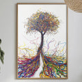 a dining table with a white tablecloth, a bowl of fruit, a bottle, and a vase with flowers. Above the table, there is a framed painting of a tree with colorful, abstract roots.