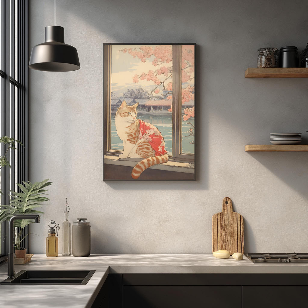 a kitchen scene with a framed painting of a cat sitting on a windowsill, overlooking a serene landscape. The kitchen counter is adorned with various items, including a wooden cutting board, a bottle, and a vase. The overall setting appears to be a cozy and inviting space, with the cat painting adding a touch of warmth and charm to the room.