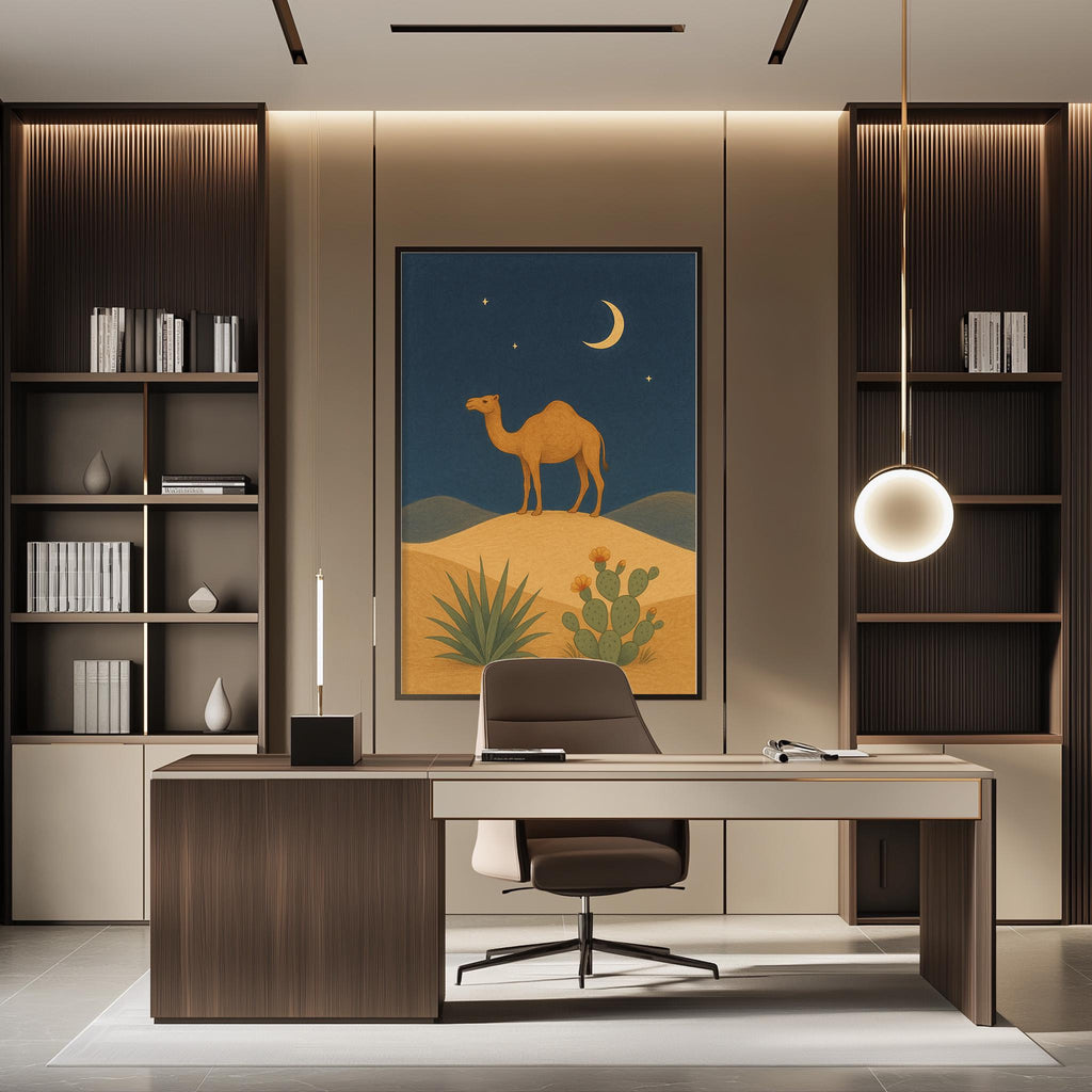a modern office space with a large camel painting on the wall, a wooden desk with a chair, and built-in bookshelves.