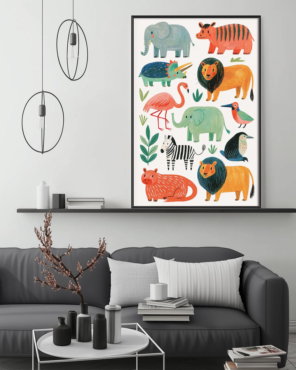 a living room with a gray couch, a coffee table, and a framed poster of various colorful animal illustrations on the wall above the couch.