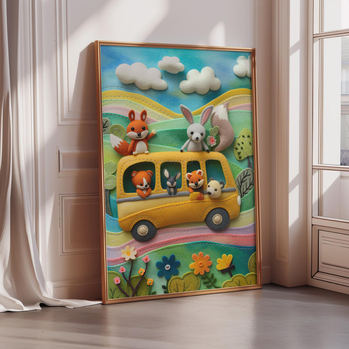 A framed collage depicting a colorful scene with various animals, including a bus, flowers, and clouds, set against a backdrop of a blue sky.