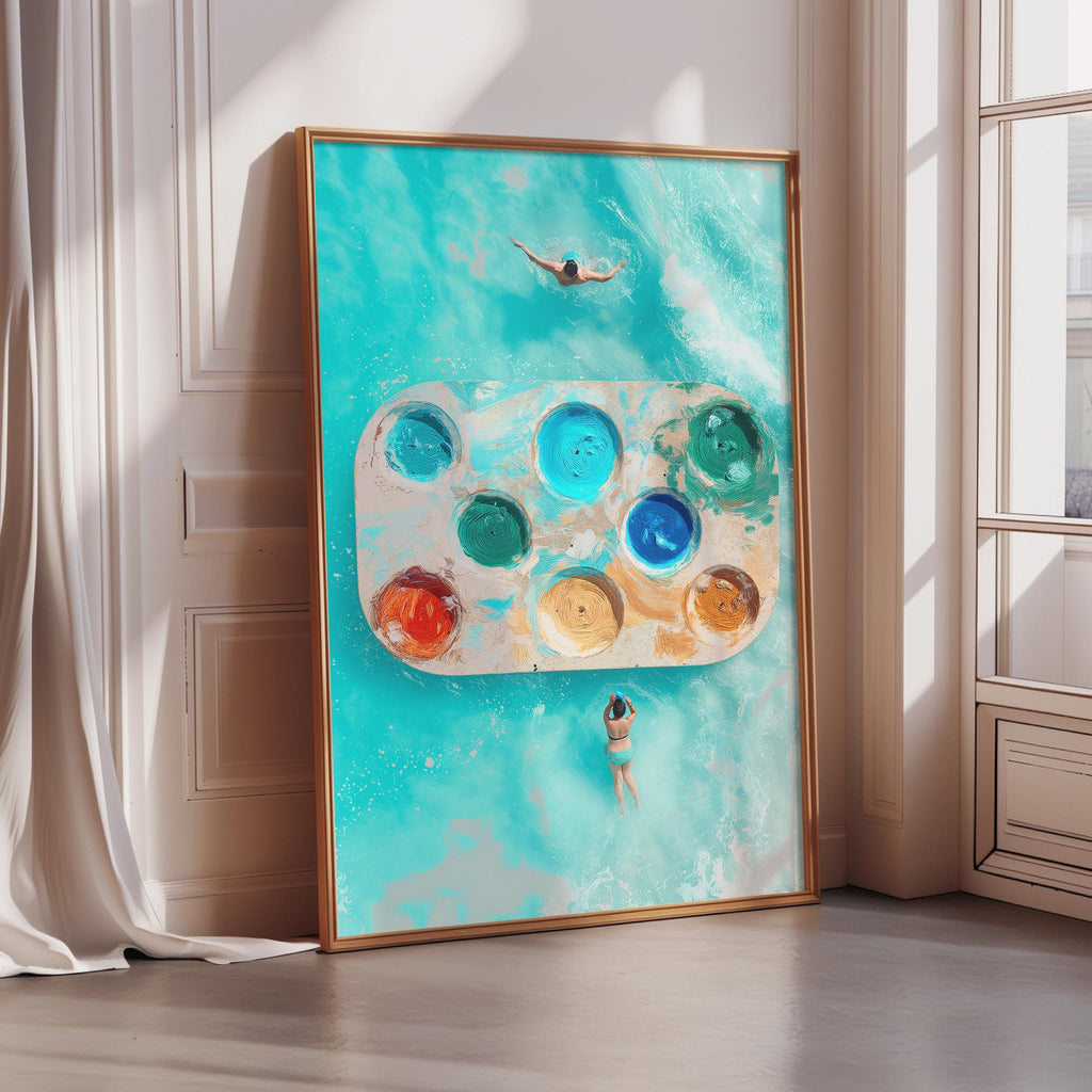 a large framed painting depicting a person swimming in a pool with a palette of colorful paint splatters on the water.