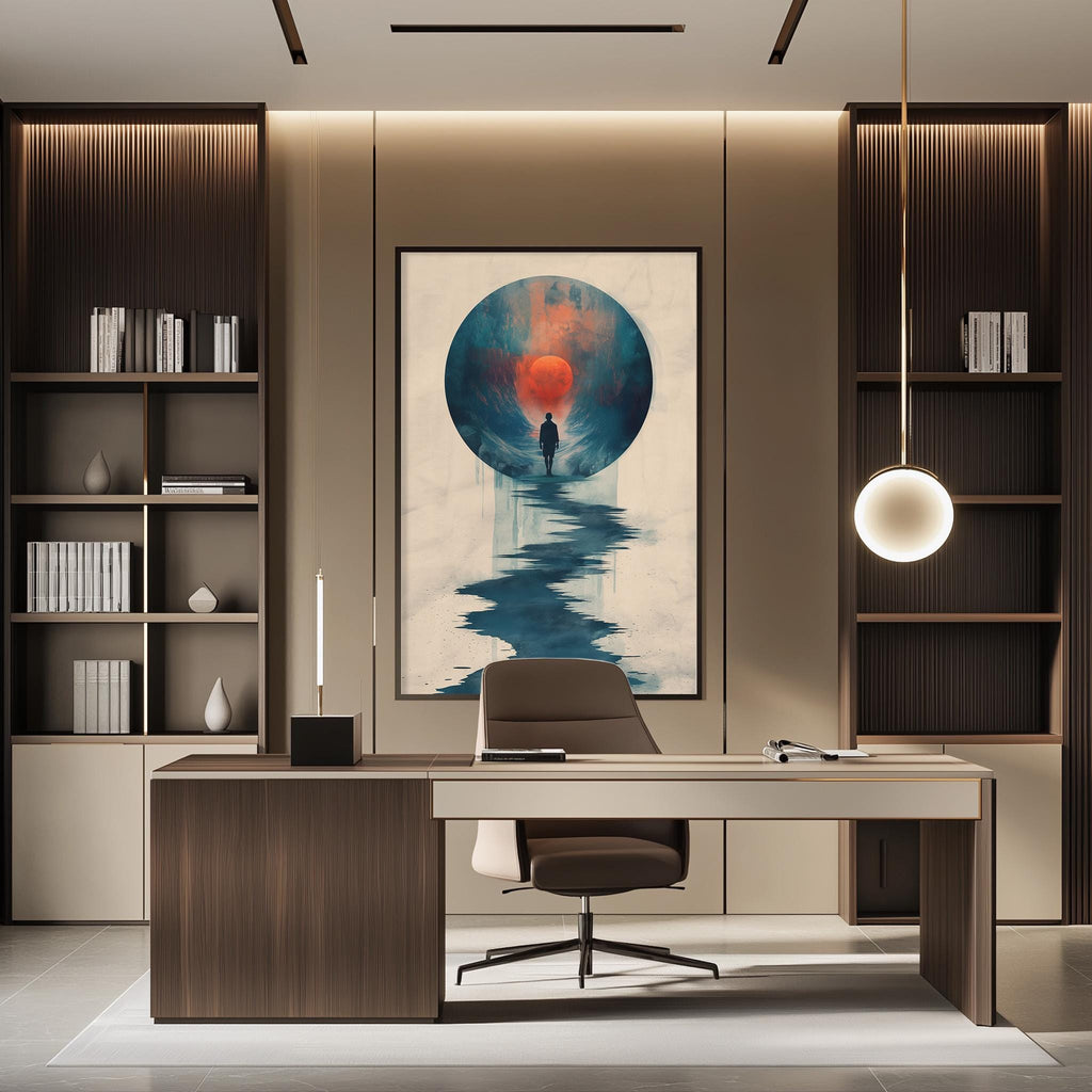 a modern and minimalist office space with a large abstract painting on the wall, a wooden desk with a chair, and built-in bookshelves.