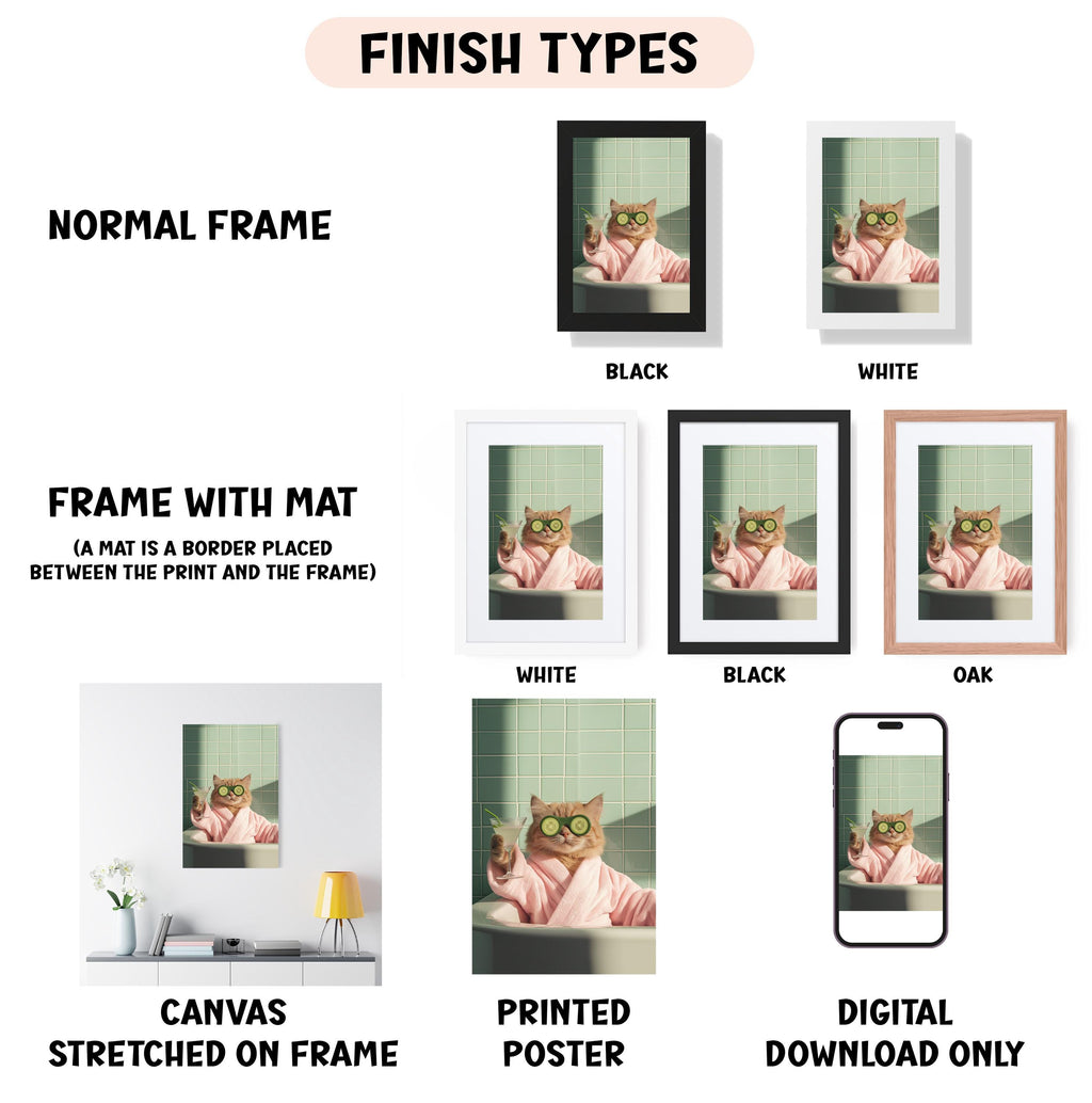 various framed artworks, including a cat wearing a pink sweater and sunglasses, and a framed photograph of a cat. The artworks are displayed in different frame colors and styles, such as a normal frame, a black frame, a white frame, and an oak frame. The artworks are also described as a canvas stretched on a frame, a printed poster, and a digital download only.