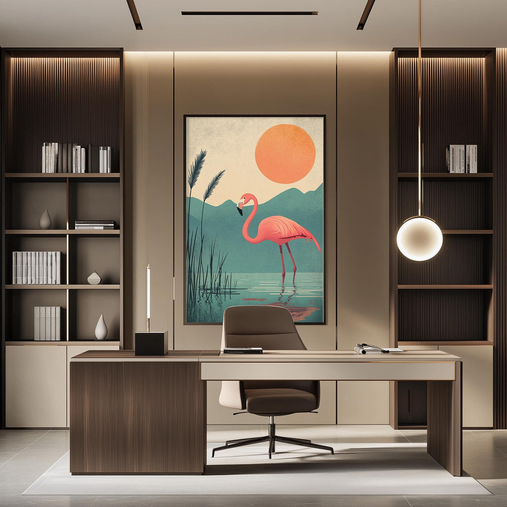 a modern office space with a large framed artwork of a flamingo in a serene landscape, including a lake and mountains, hanging on the wall above a desk with a chair.