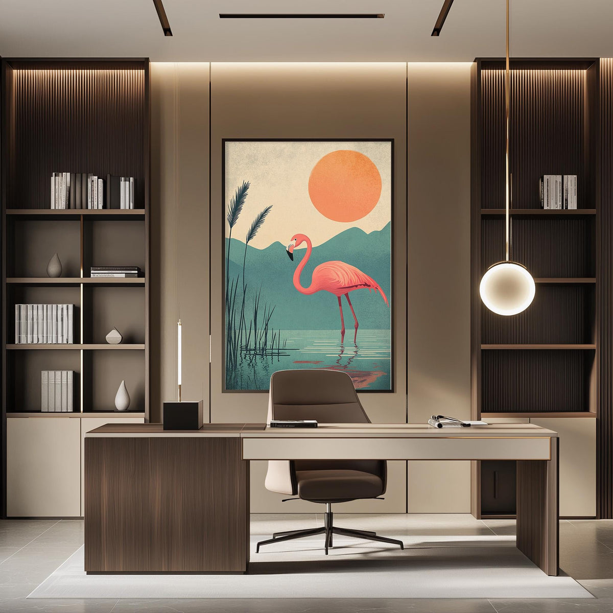 a modern office space with a large framed artwork of a flamingo in a serene landscape, including a lake and mountains, hanging on the wall above a desk with a chair.