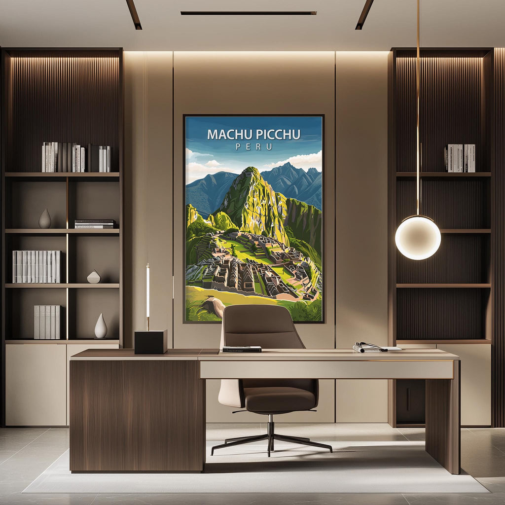 a modern office space with a large framed poster of Machu Picchu hanging on the wall. The poster depicts the ancient Inca citadel nestled in the Andes mountains, showcasing the impressive architecture and natural beauty of this historic site. The office has a sleek, contemporary design with dark wood furniture and a minimalist aesthetic.