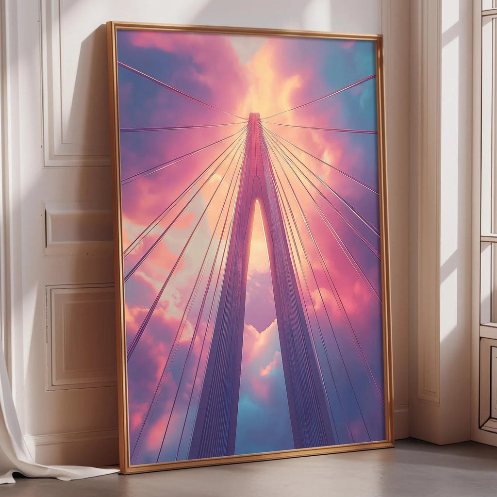 a large, framed picture of a bridge with a colorful, abstract sky in the background.