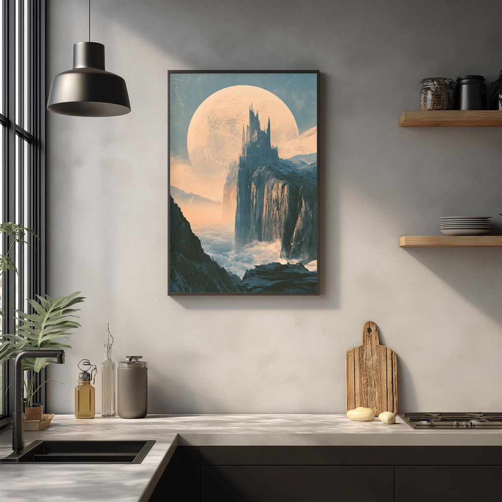 a kitchen counter with a framed painting of a castle on the wall above it. The painting depicts a castle surrounded by a large moon and a waterfall. The kitchen counter also has various items such as a cutting board, a bottle, and a vase.