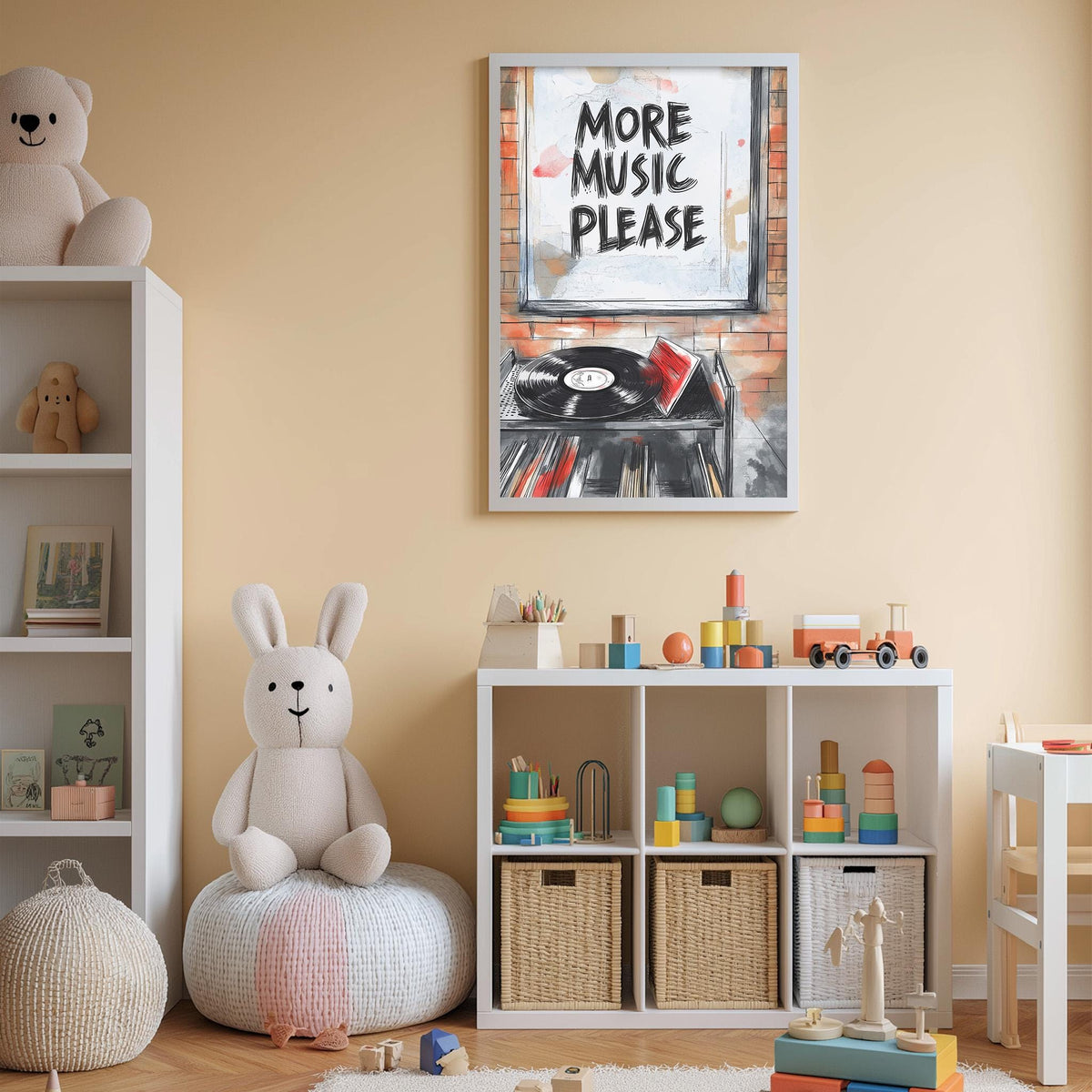 A child's bedroom with a white bookshelf, a stuffed rabbit, and a toy train set. Above the bookshelf is a framed poster with the text "MORE MUSIC PLEASE".