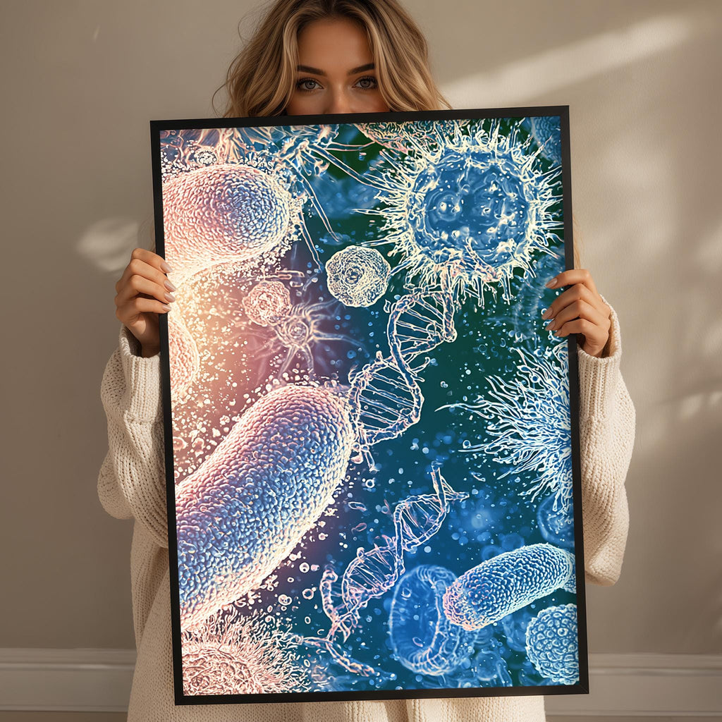 A woman holds up a framed image depicting a colorful, abstract representation of viruses and bacteria, with various shapes and patterns.