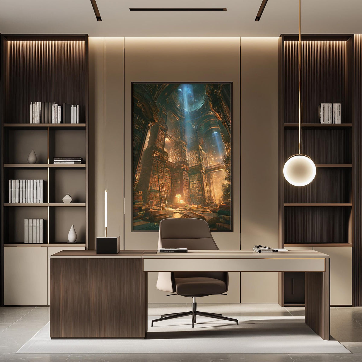 a modern and well-lit office space with a large framed artwork of a fantasy scene on the wall, a wooden desk with a chair, and built-in bookshelves.