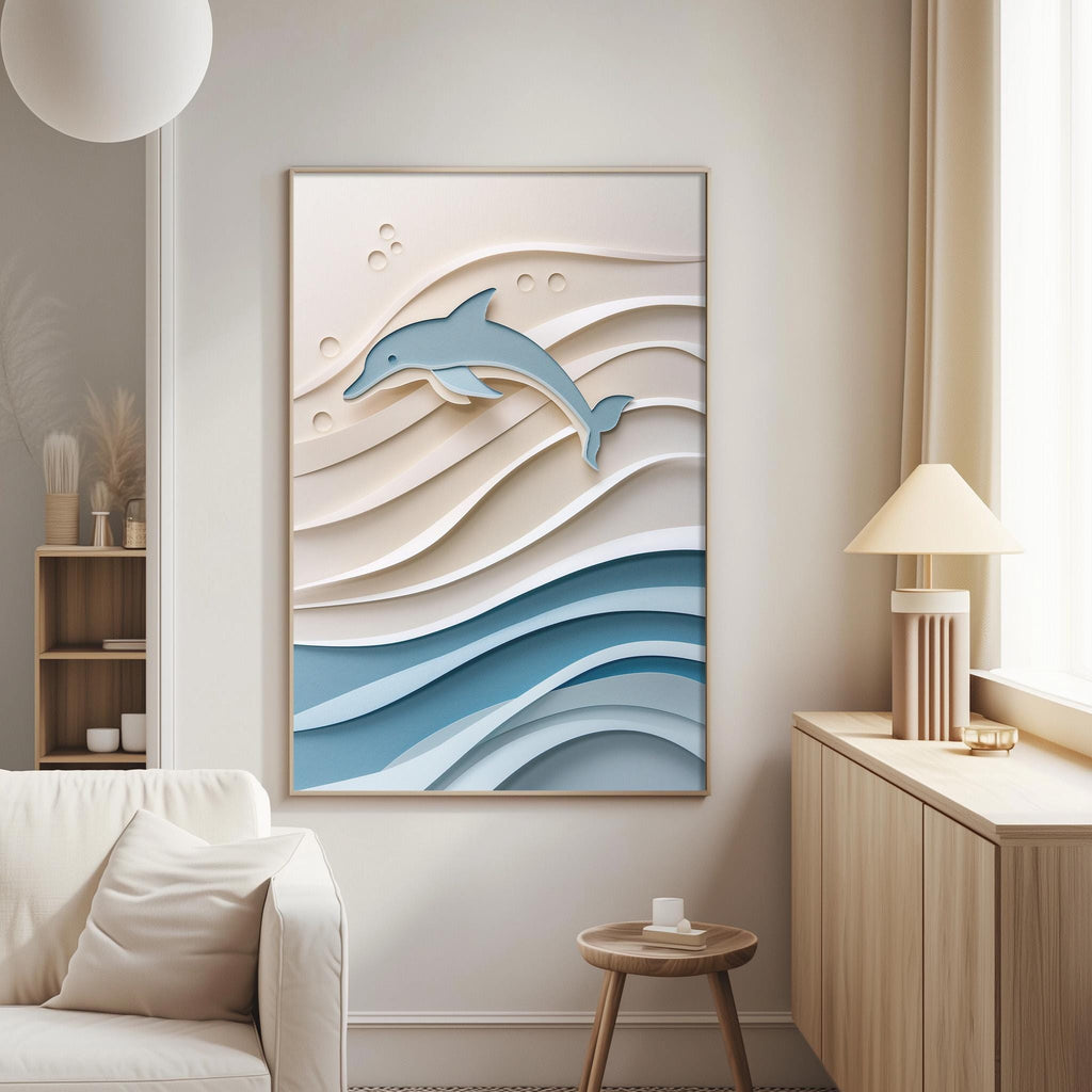 a living room with a large abstract painting of a dolphin on the wall. The painting has a light blue color and depicts a dolphin swimming in the ocean waves. The room also includes a white sofa, a wooden side table, and a lamp on a table.