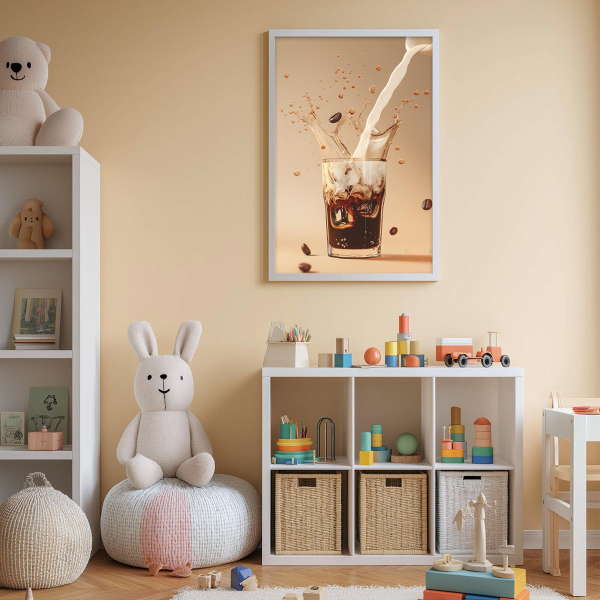 A cozy children's room with a white bookshelf, a plush rabbit, and a colorful toy box filled with toys. A framed image of a glass of soda with coffee beans floating in it is displayed on the wall above the toy box.