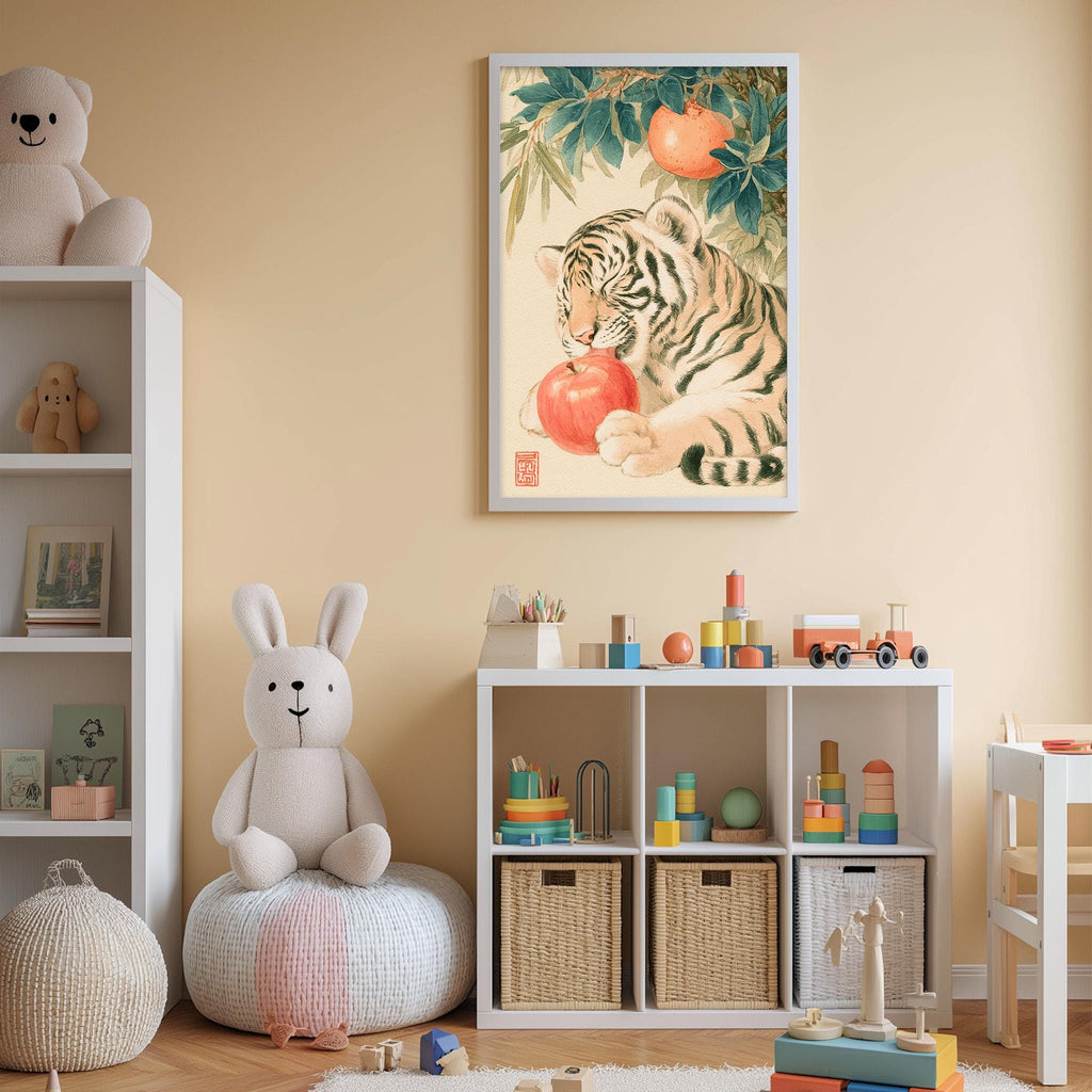 A child's bedroom with a tiger painting on the wall, a stuffed rabbit, a toy train, and a toy car. The room has a beige color scheme and appears to be well-organized with storage bins and toys.