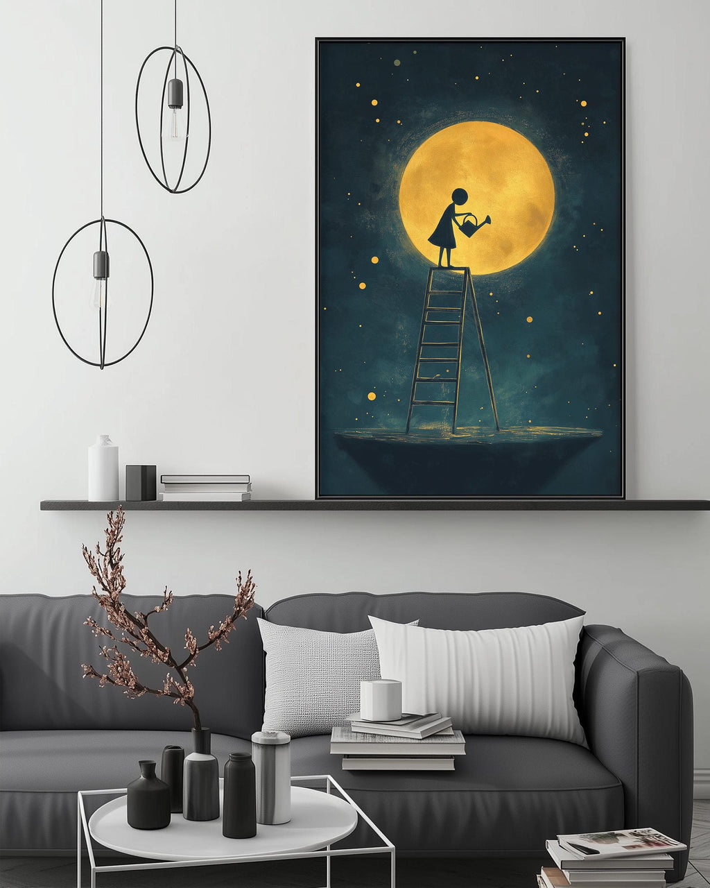 a cozy living room with a gray sofa, a coffee table, and a large framed artwork of a person standing on a ladder under a full moon.