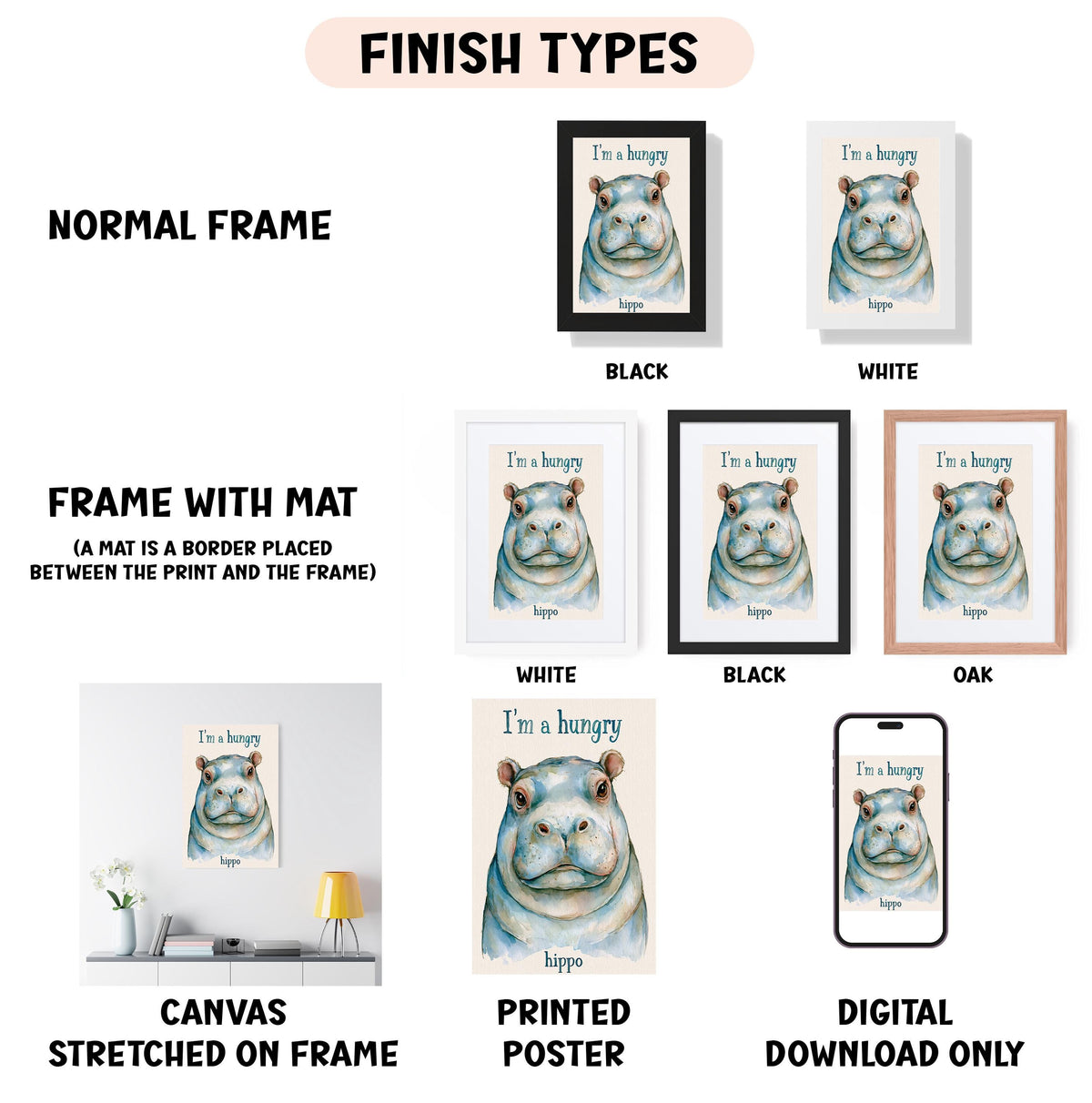 various framed artworks featuring a hippopotamus, including a normal frame, a black frame, a white frame, a black frame, and an oak frame. The artworks are labeled with different finish types, such as canvas stretched on frame, printed poster, and digital download only.