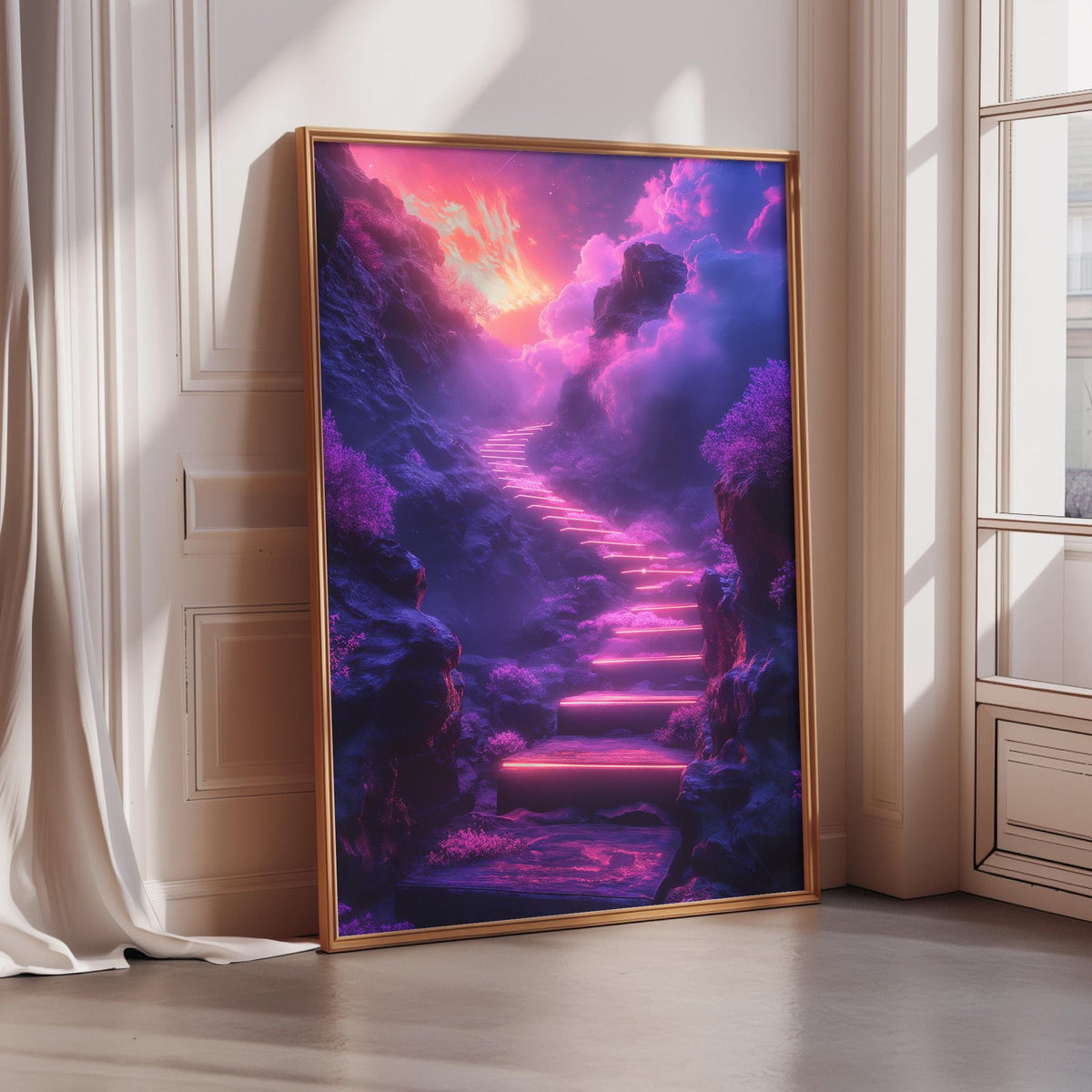 a large, framed painting depicting a fantastical, colorful landscape with a winding staircase leading up to a cliff or mountain.