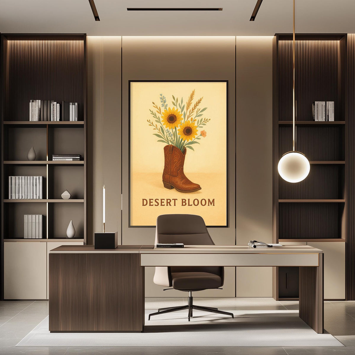 a modern office space with a large framed poster of a flower arrangement on the wall, a desk with a chair, and a bookshelf.