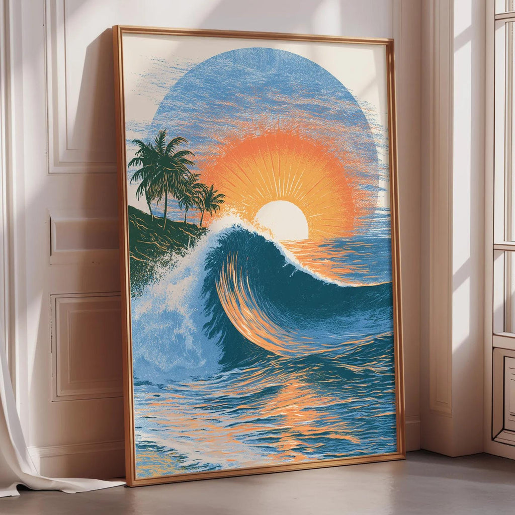 A framed painting depicting a vibrant sunset over a crashing wave, with palm trees in the background.
