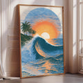A framed painting depicting a vibrant sunset over a crashing wave, with palm trees in the background.