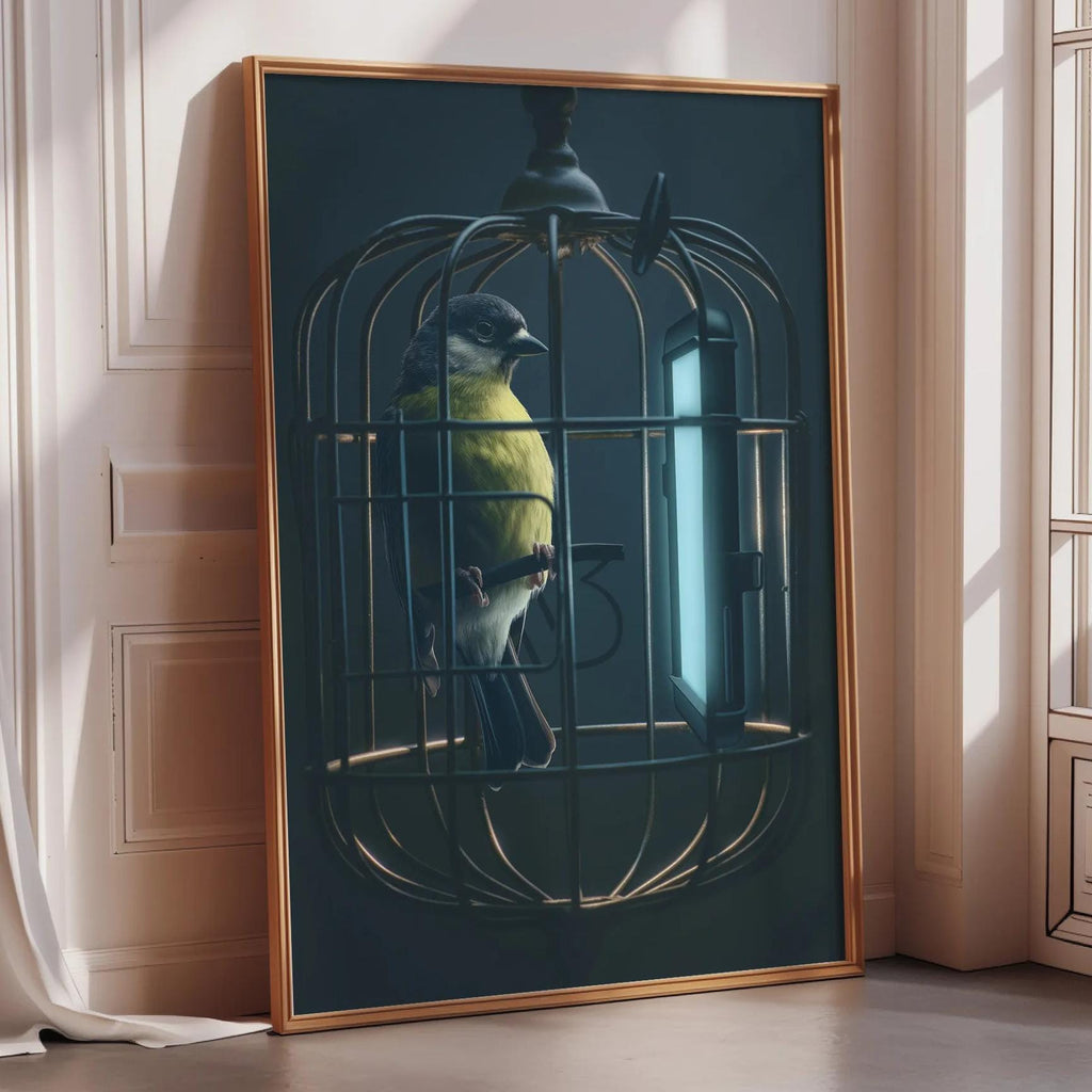 A framed painting depicting a yellow and black bird sitting in a wire cage.