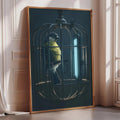 A framed painting depicting a yellow and black bird sitting in a wire cage.