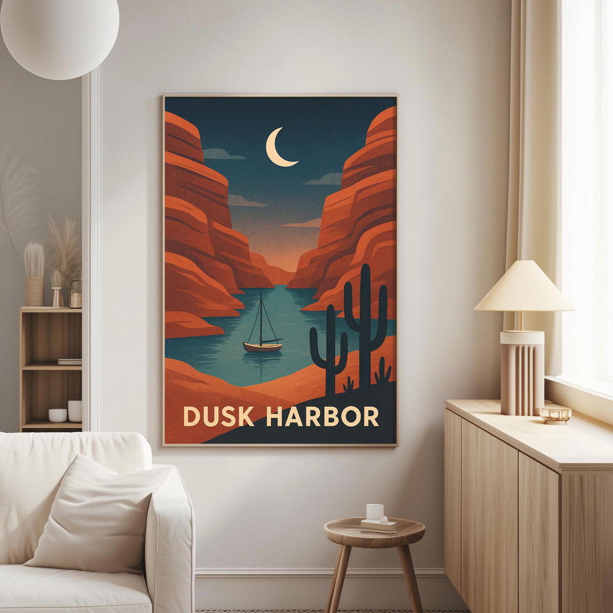 a poster of a desert landscape with a crescent moon and a sailboat in the water, hanging on a wall in a living room.