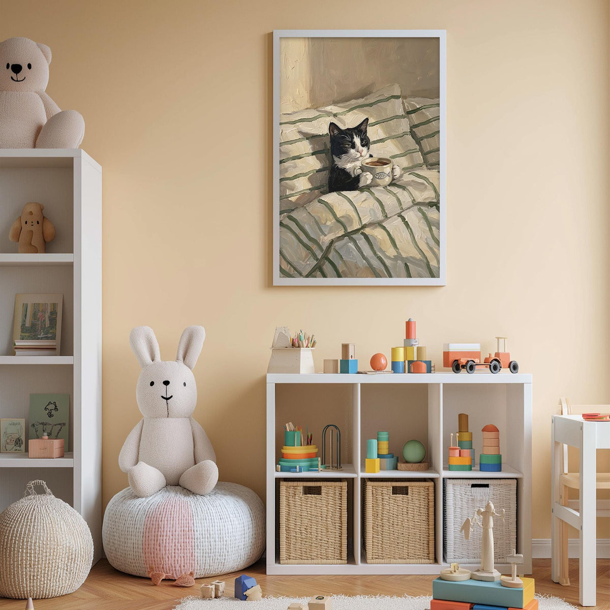 A cozy children's room with a white rabbit sitting on a bean bag chair, a framed painting of a cat on the wall, and a toy shelf filled with various toys.