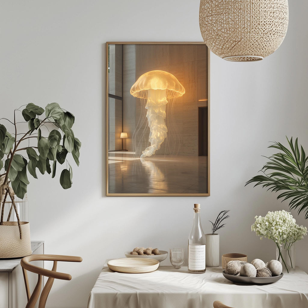 a dining table with a white tablecloth, a bowl of fruit, a bottle, and a vase with flowers. Above the table, there is a framed picture of a jellyfish with a glowing light.