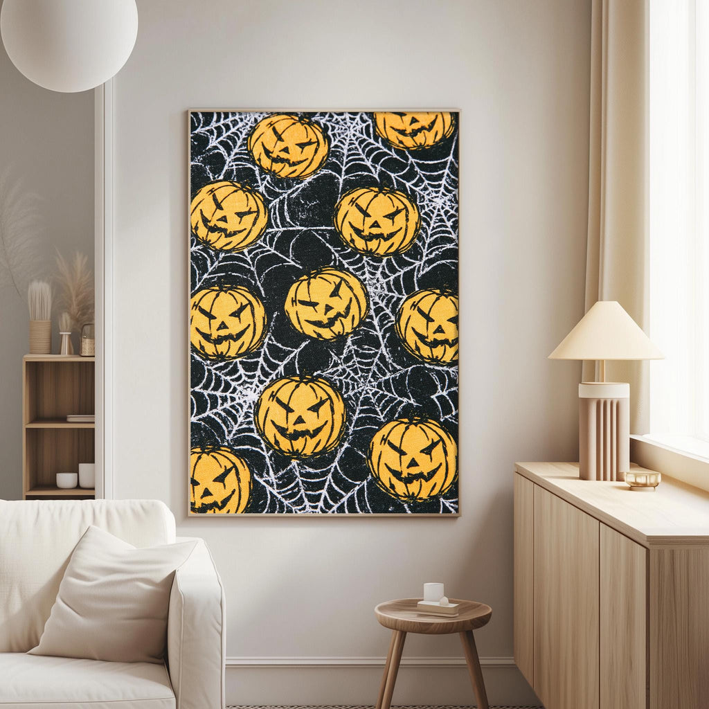a living room with a large wall art piece depicting a pattern of jack-o-lanterns and spiderwebs. The art piece is hanging on the wall, and there is a white couch and a small table in the room.