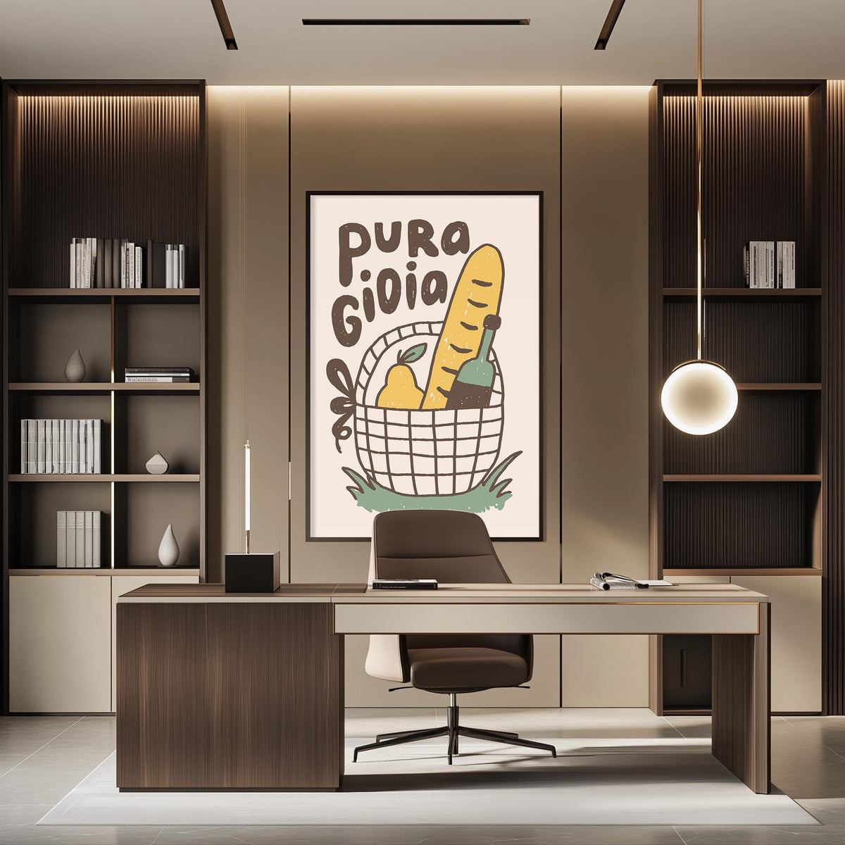 a modern office space with a large poster on the wall that says "PURA GIOLA". The office has a wooden desk, a chair, and a bookshelf. The overall design has a contemporary and minimalist aesthetic.