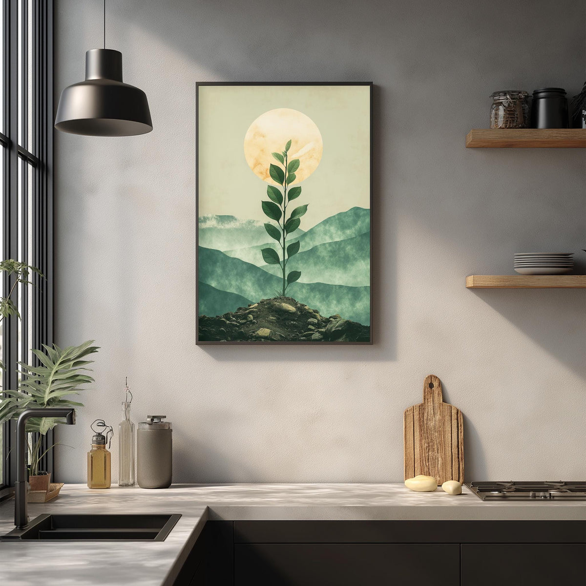 a kitchen counter with a framed painting of a plant growing from the ground, a wooden cutting board, and various kitchen items such as a bottle, a cup, and a bowl.