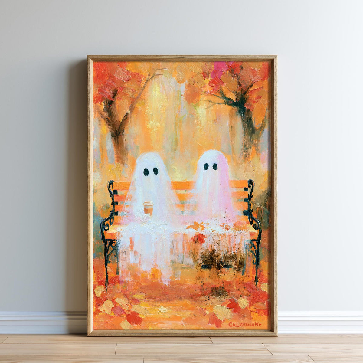The image is a framed painting depicting two ghostly figures sitting on a bench in an autumnal setting, surrounded by fallen leaves and trees.