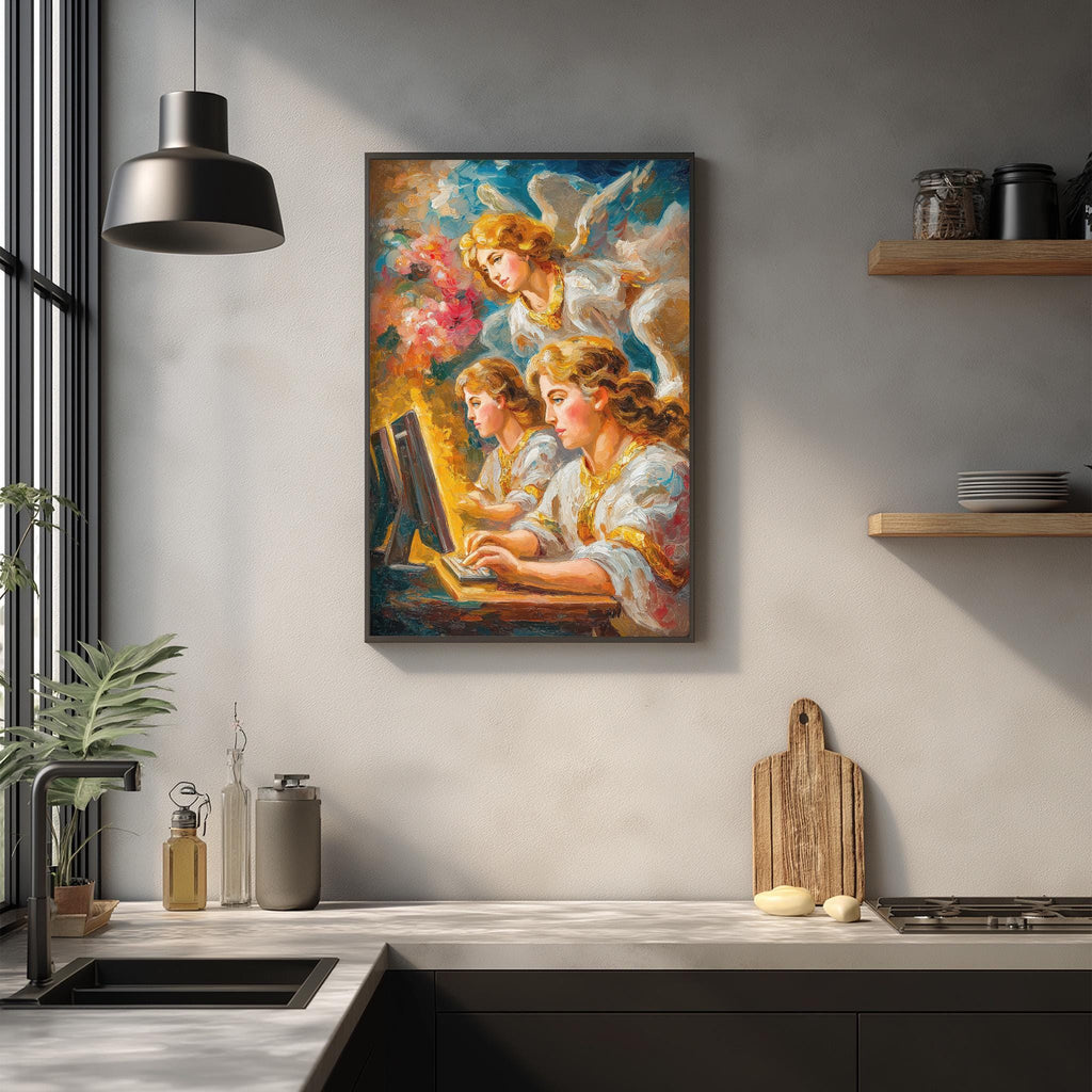 a painting of angels on a wall in a kitchen setting.