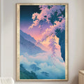 a large framed painting of a serene landscape with mountains, trees, and a colorful sky, hanging on a wall in a living room.