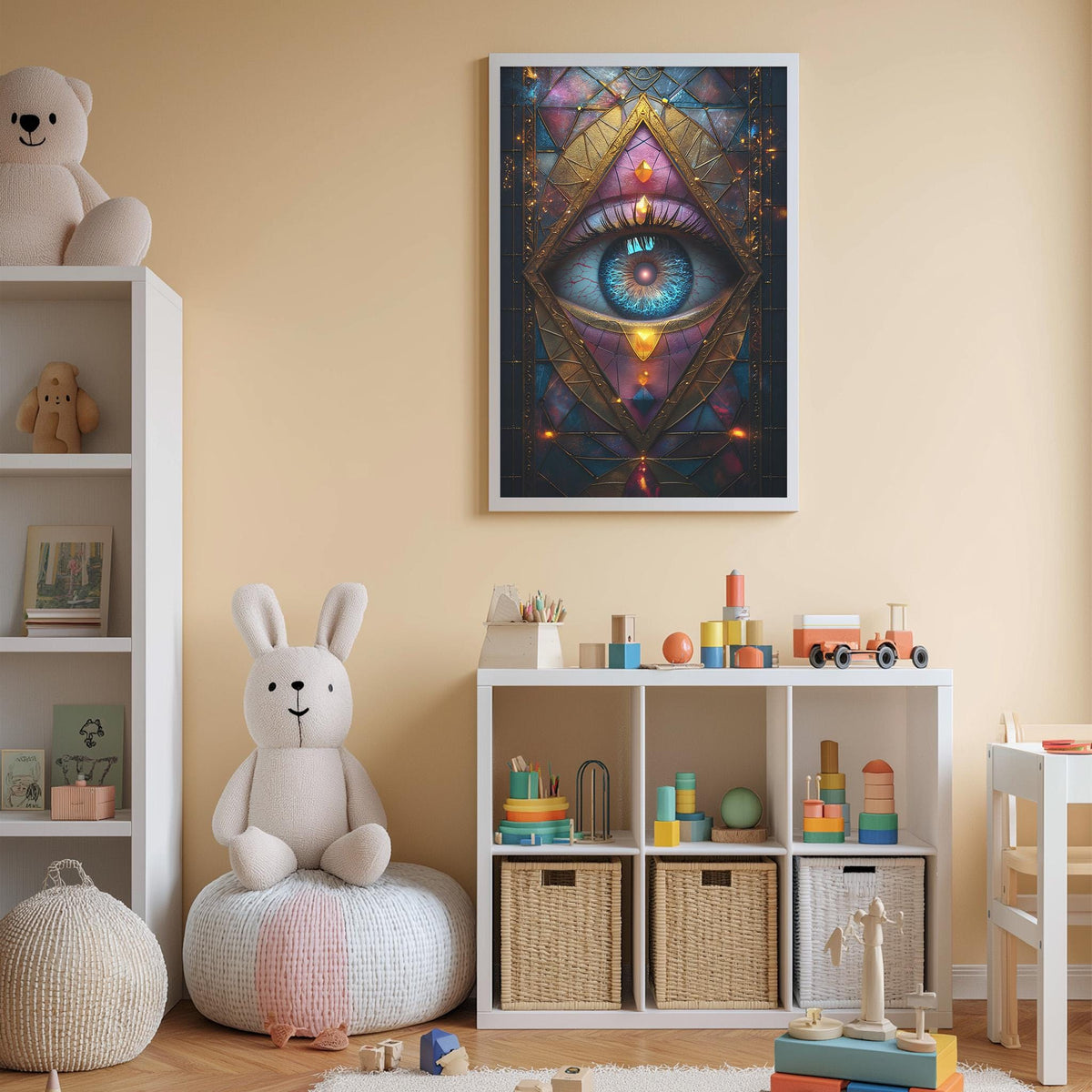 a child's bedroom with a large, colorful painting of an eye on the wall, a white bookshelf filled with toys, and a stuffed rabbit sitting on a bean bag chair.