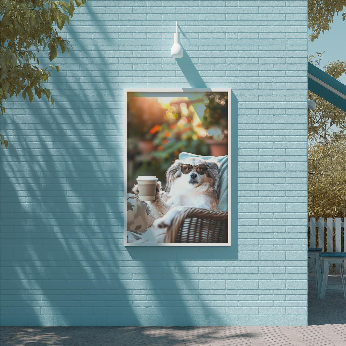 A dog wearing sunglasses is sitting on a chair, holding a cup of coffee, with a blue wall and trees in the background.