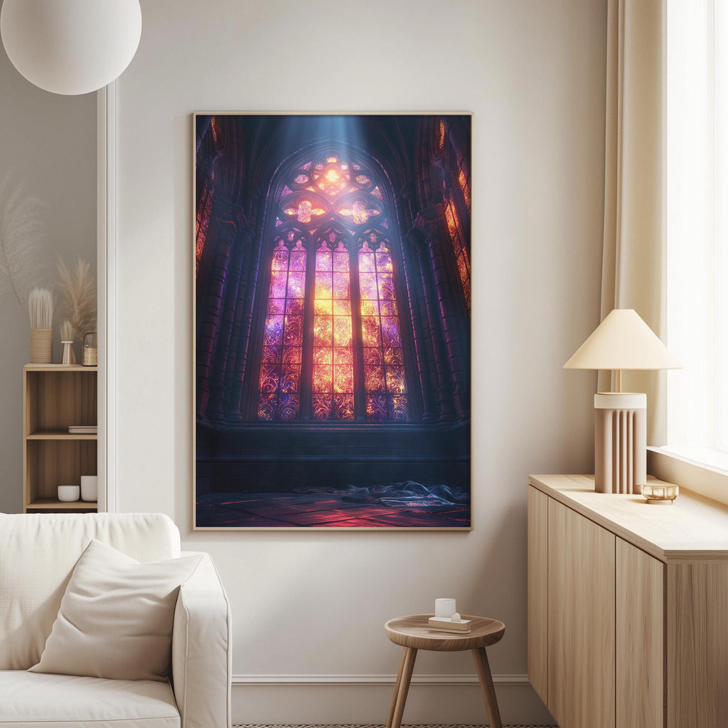 a large, colorful stained glass window in a cathedral, with sunlight streaming through and casting a warm glow on the interior.