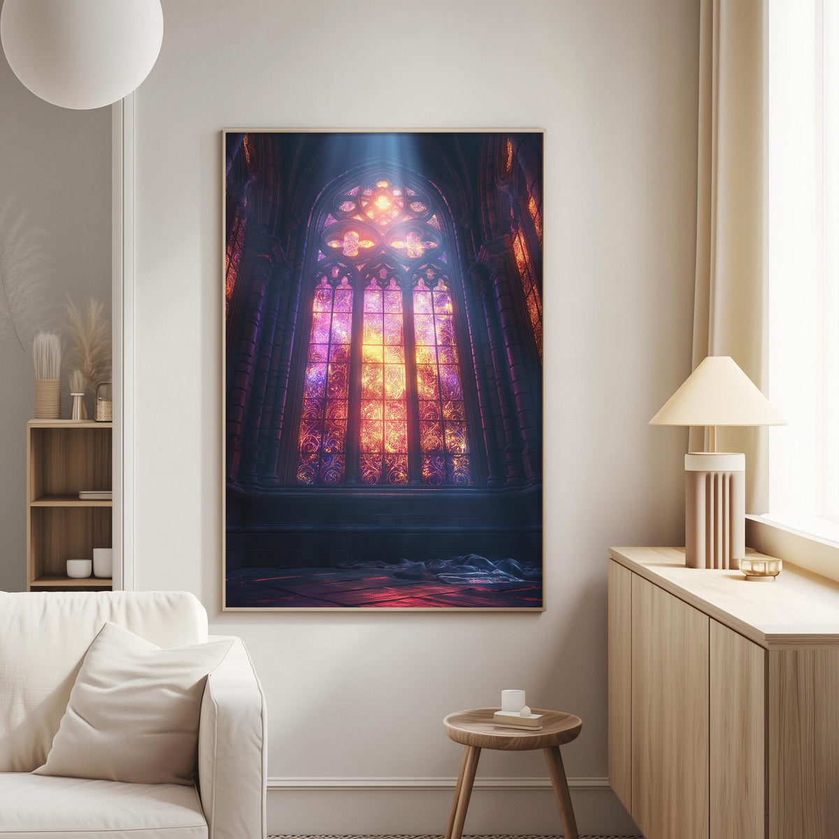 a large, colorful stained glass window in a cathedral, with sunlight streaming through and casting a warm glow on the interior.