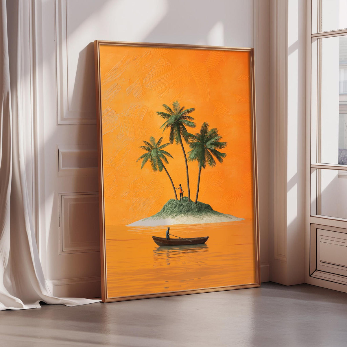 a painting of a small island with palm trees, a boat, and a person on the water.