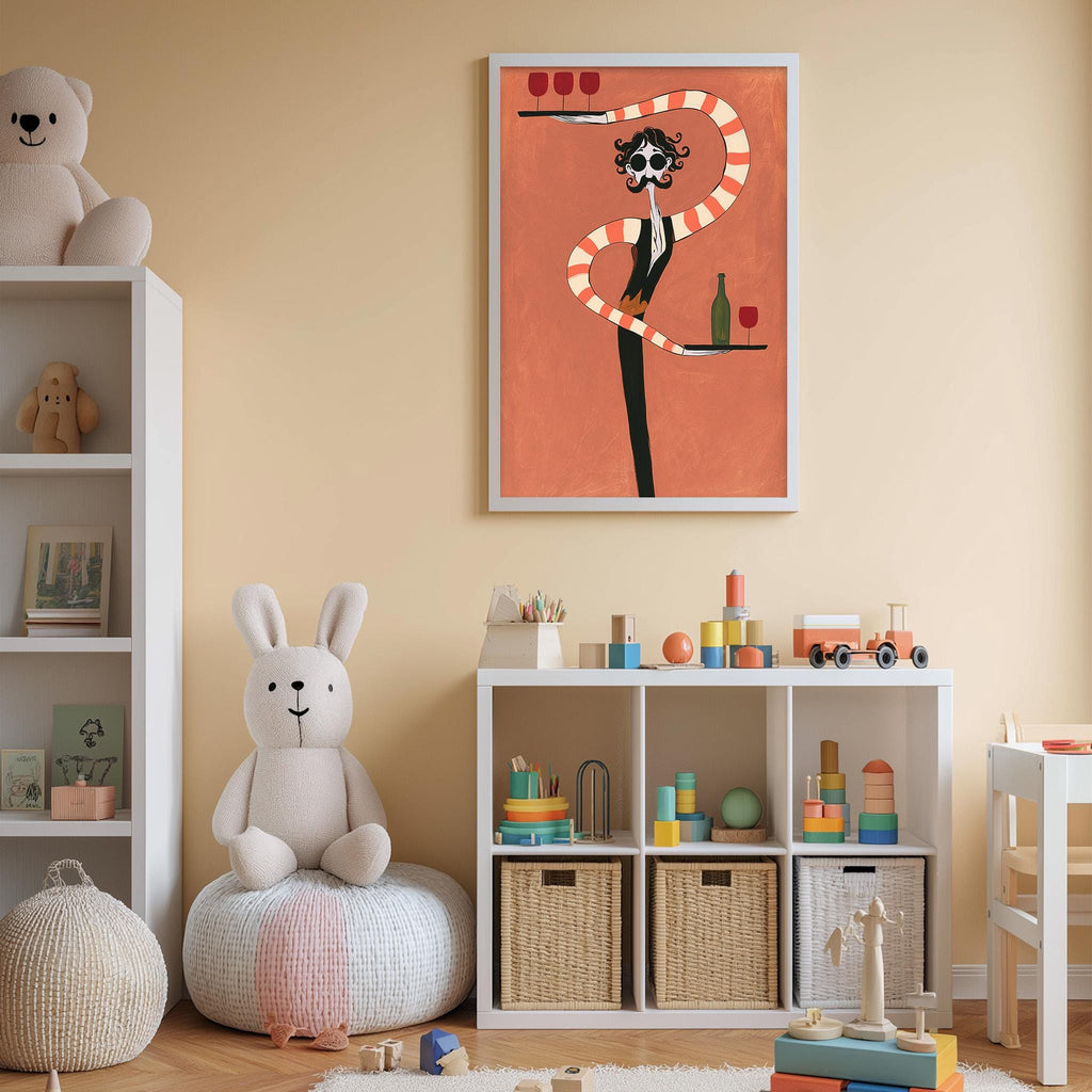 A child's bedroom with a white bookshelf, a stuffed rabbit, a toy train, and a colorful toy box. The walls are painted a light peach color, and there is a framed artwork of a cartoon character hanging on the wall.