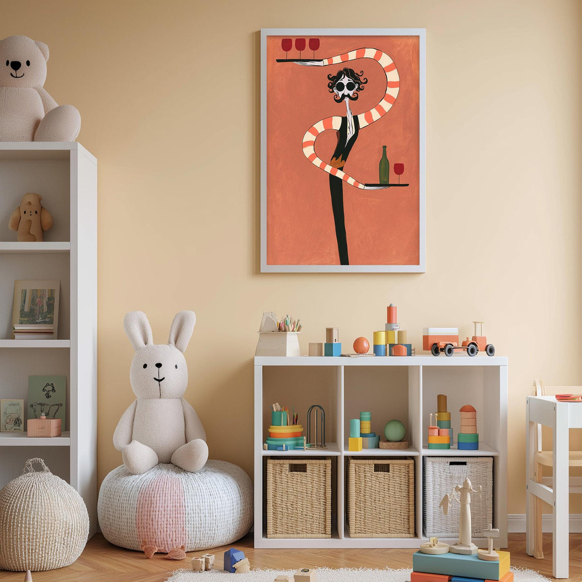 A child's bedroom with a white bookshelf, a stuffed rabbit, a toy train, and a colorful toy box. The walls are painted a light peach color, and there is a framed artwork of a cartoon character hanging on the wall.